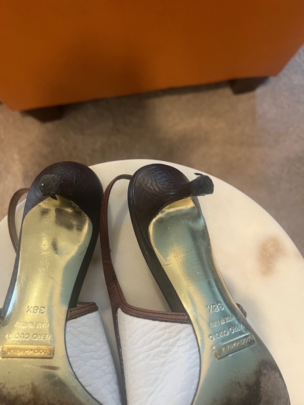 White and Brown Pointed Slingback Heels with Gold Hardware - Picture 5 of 5